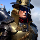 Detailed 3D Rendering of Warrior in Black and Gold Armor against Cloudy Sky