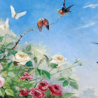 Colorful flowers and birds in a sky painting.