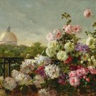 Colorful oil painting of blooming floral balcony with pink, white, and red flowers, classic dom