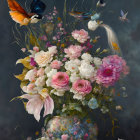 Detailed painting of white and pink flower bouquet with butterfly on dark background