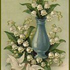 Vintage-style illustration of ornate blue vase with white flowers and green foliage on cream background