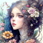 Illustrated portrait of young woman with pale skin and blue hair, surrounded by flowers and butterflies