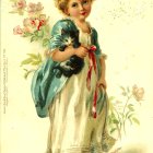 Vintage Illustration of Young Girl with Kitten and Flowers