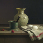 Patterned Vase, Bowl, Eggs, and Berries Still Life Composition