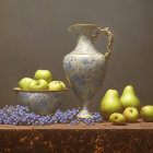 Blue floral pitcher, bowl, apples, pears, and flowers on draped table