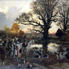 Traditional Fox Hunt Scene with Elegantly Dressed Riders and Hounds in Serene Woodland at