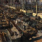 Military tanks and armored vehicles in industrial hangar undergoing maintenance.