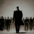 Stylized image of lone figure confronting crowd in suits