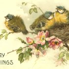 Illustrated birds in nest with flowers and leaves, "BIRTHDAY GREETINGS" text.