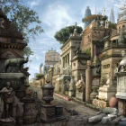 Classical Roman city scene with ruins, statues, and period clothing