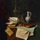 Classic Still Life Painting with Book, Quill, Papers, and Candlestick