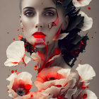 Surreal portrait of woman with pale skin, dark hair, adorned with red and white poppies