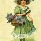 Vintage Illustration: Young Girl in Green Dress with Flower Basket