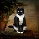 Majestic black and white cat in autumn forest scene