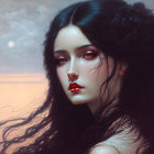 Surreal portrait of woman with flowing hair and ribbon-like elements