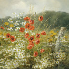 Colorful wildflower meadow painting with blooming flowers and clear sky