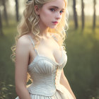 Woman in off-the-shoulder dress with floral hairpiece in sunlit room