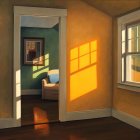 Warmly lit sunset room with blue armchair and painting