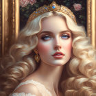 Curly-Haired Woman with Crown in Golden, Mystical Setting