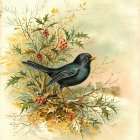 Colorful painting of black bird with yellow eyes in nature scene