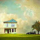 Classic two-story house with porch, vintage car, nature, and birds in sky