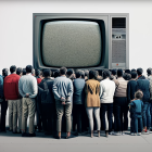 Diverse group watching crowded event on vintage TV