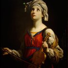 Historical painting of woman in turban with violin and dramatic lighting