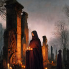 Cloaked figure with candles in foggy graveyard ruins