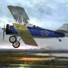 Vintage Biplane Flying Over Tranquil Dusk Landscape