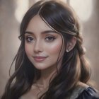 Young woman's digital portrait: subtle smile, dark hair, clear skin, sparkling earrings, soft-focus