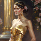 Regal woman in golden gown and headpiece with soft light and floral backdrop