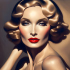 Digital artwork: Woman with wavy hair, red lips, and warm light