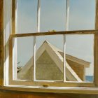 Realistic seashell painting on windowsill with house and ocean view