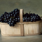 Purple grapes in basket on floral cloth: Still life painting