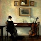 Woman in black dress reading at table with violin in softly lit room