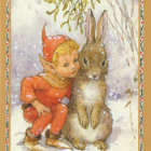 Child in orange outfit with brown rabbit in snowy scene.