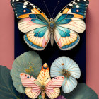 Colorful butterflies and flowers against dark background