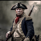 Historical military uniform with tricorner hat and musket on smoky battlefield.