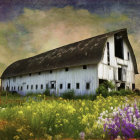 Rural farm landscape with barn, blooming flowers, and dawn sky