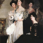 Four women in vintage dresses pose in ornate room with chandelier