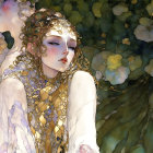 Ethereal women with golden jewelry and white flowers in nature landscape