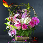 Colorful Flowers in Wicker Basket on Books with Butterflies