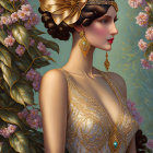 Digital painting of elegant woman with black headpiece and gold jewelry among pink roses