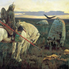 Knight in ornate armor on white horse with lance by stone grave marker in blooming field at sunset