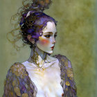 Fantasy painting of woman with lavender hair and crow in ethereal gold swirls