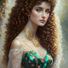 CG image: Female figure with golden robotic features, intricate headgear, and wavy hair