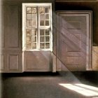 Vintage wooden door and window with shadows in dark room