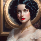 Woman with wavy hair and dramatic makeup in ornate mirror frame with soft ruffles.