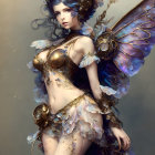 Fantasy character in ornate golden armor with iridescent wings and feather details