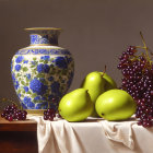 Blue and Gold Vase with Fruits on White Cloth